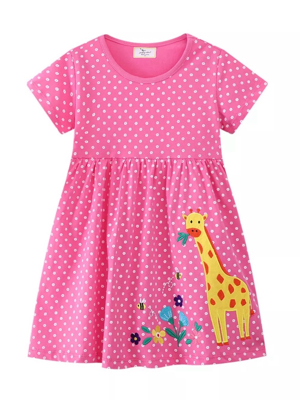 Girls' Pink Polka Dot Dress with Giraffe Applique